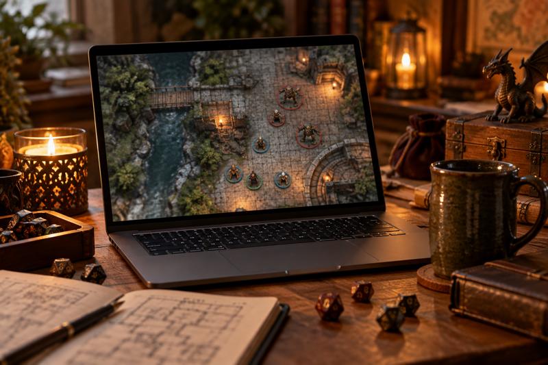 Em mesas online, mapas digitais deixam terreno e perigos claros para todos os jogadores